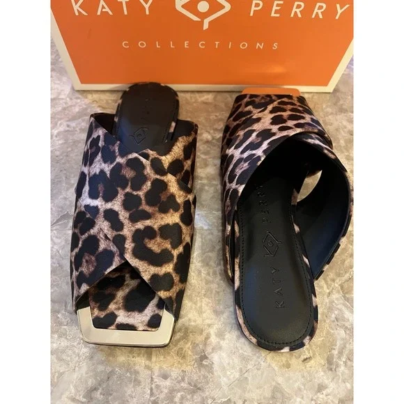 Checked In Slide Sandal Shoe Sz 6 Leopard Print Satin Gold NEW Women Katy Perry - Picture 2 of 7